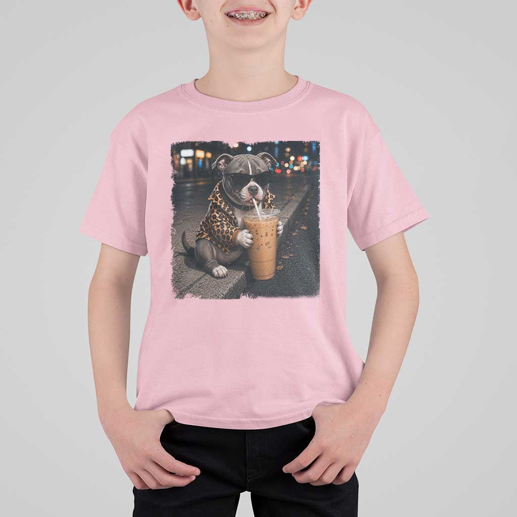 Funny Pitbull Drinking Coffee T Shirt For Kid Dog Meme Caffeine Graphic