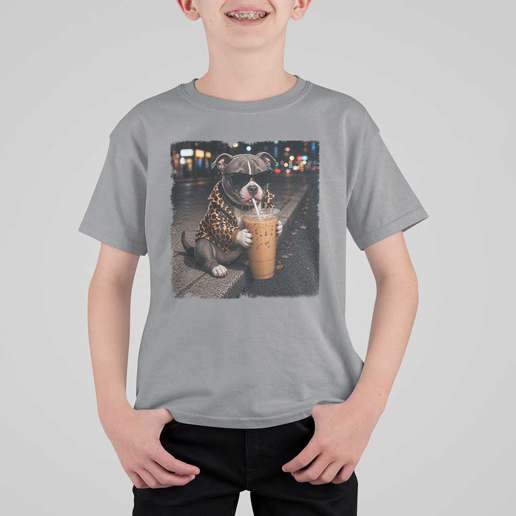 Funny Pitbull Drinking Coffee T Shirt For Kid Dog Meme Caffeine Graphic