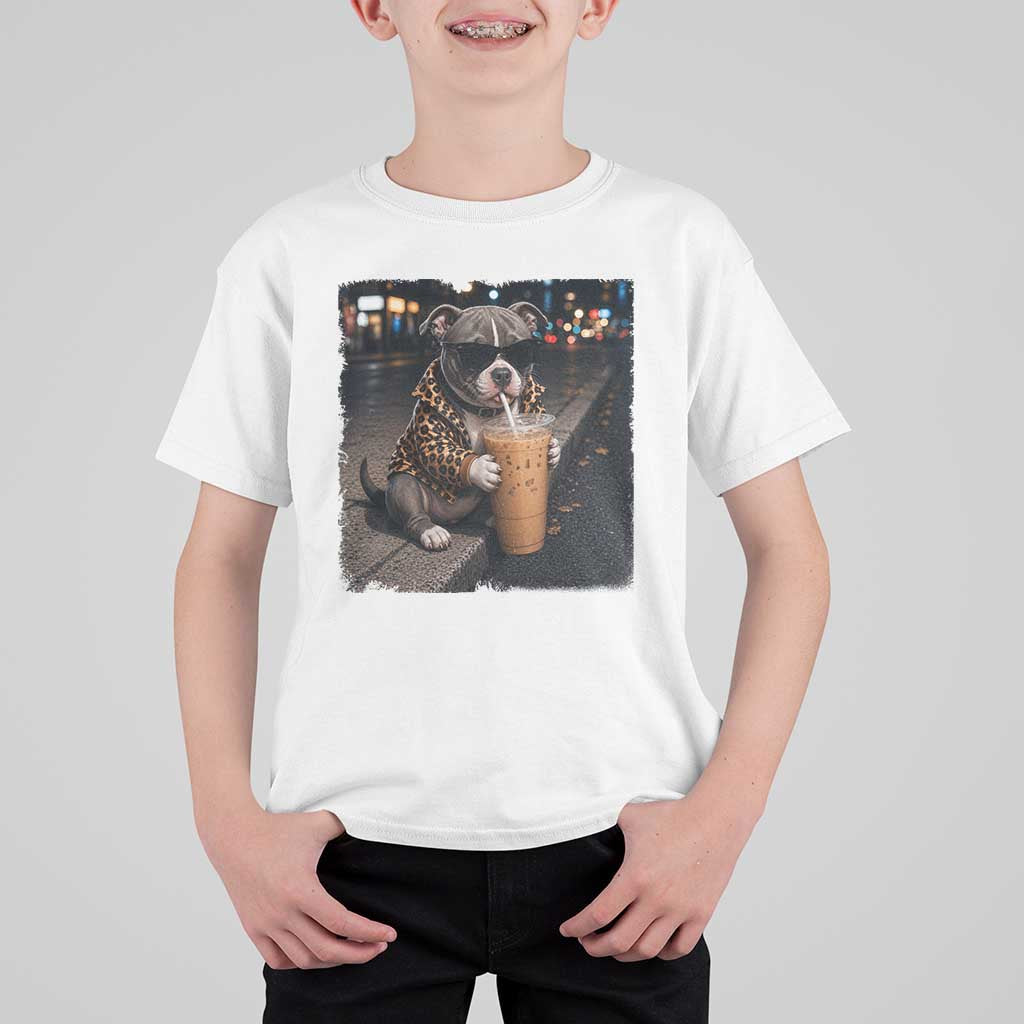 Funny Pitbull Drinking Coffee T Shirt For Kid Dog Meme Caffeine Graphic