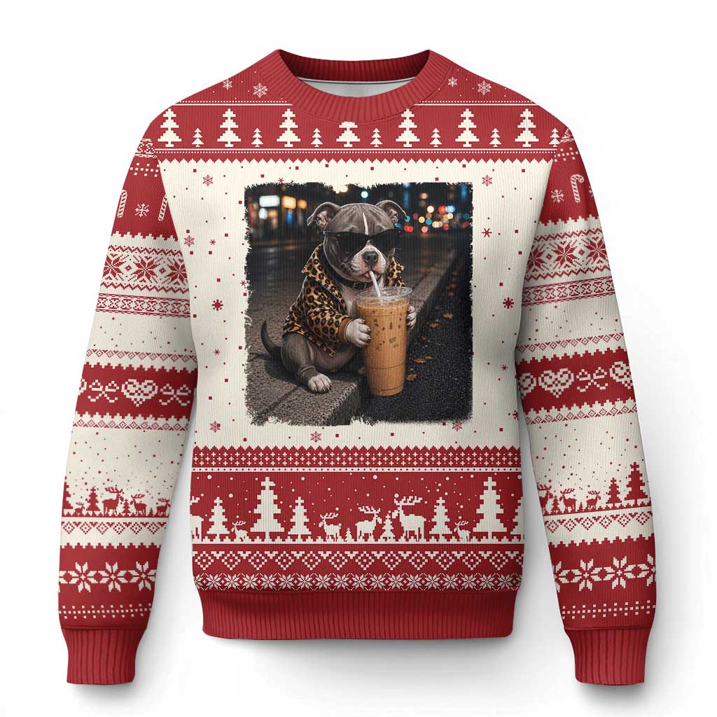 Funny Pitbull Drinking Coffee Ugly Christmas Sweater Dog Meme Caffeine Graphic