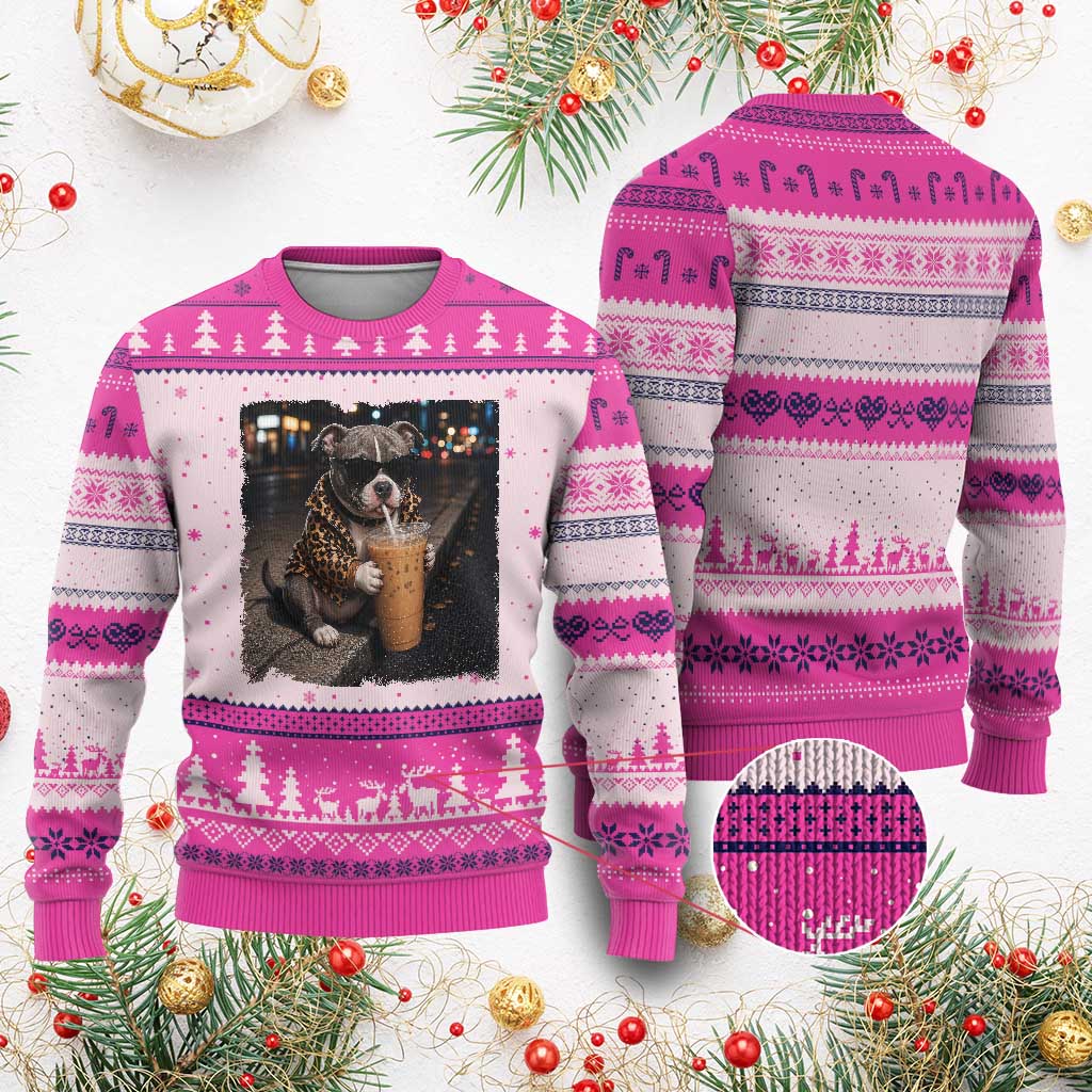 Funny Pitbull Drinking Coffee Ugly Christmas Sweater Dog Meme Caffeine Graphic