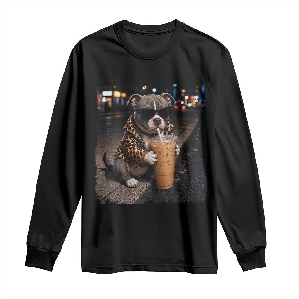 Funny Pitbull Drinking Coffee Long Sleeve Shirt Dog Meme Caffeine Graphic