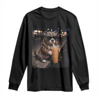 Funny Pitbull Drinking Coffee Long Sleeve Shirt Dog Meme Caffeine Graphic