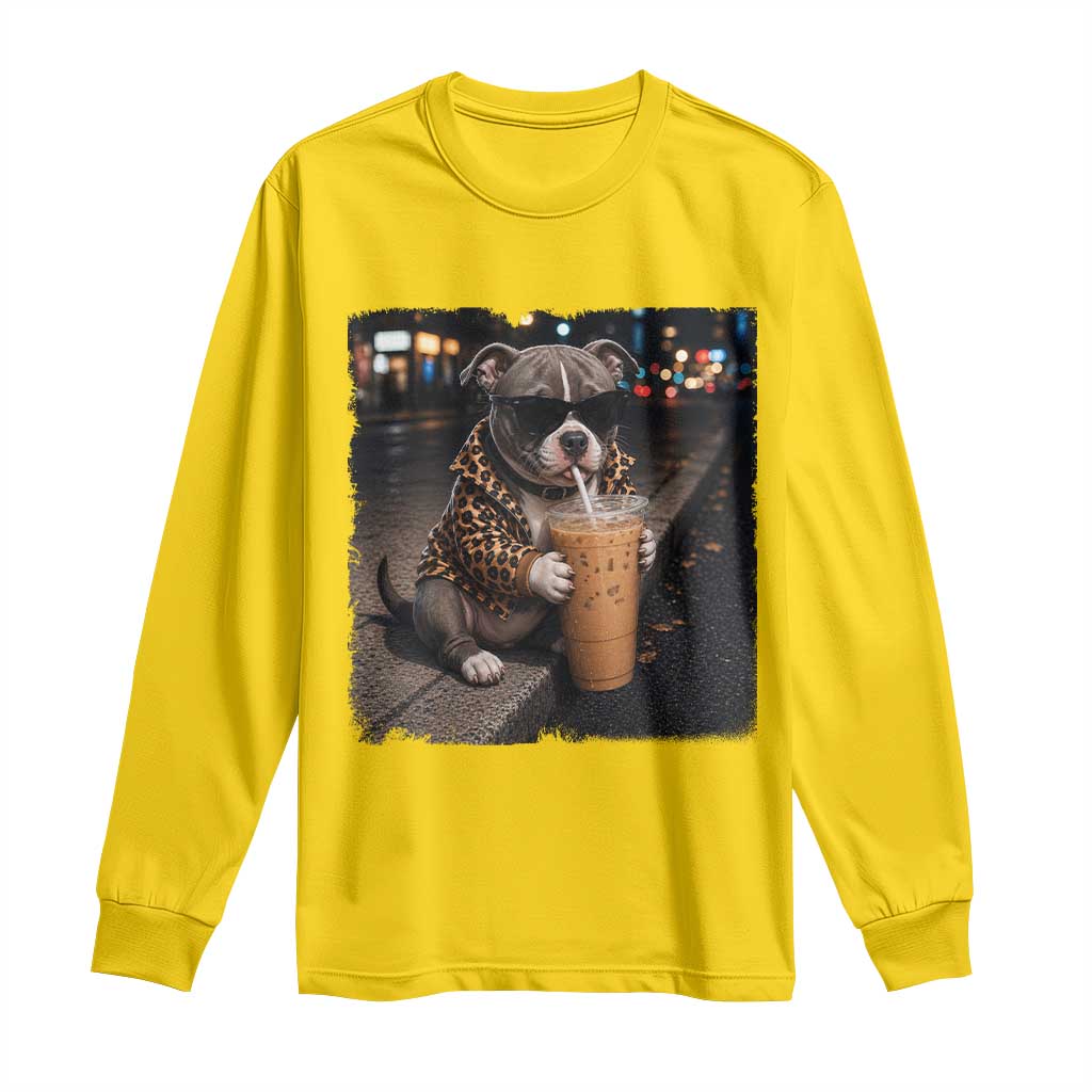 Funny Pitbull Drinking Coffee Long Sleeve Shirt Dog Meme Caffeine Graphic