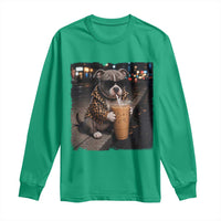 Funny Pitbull Drinking Coffee Long Sleeve Shirt Dog Meme Caffeine Graphic