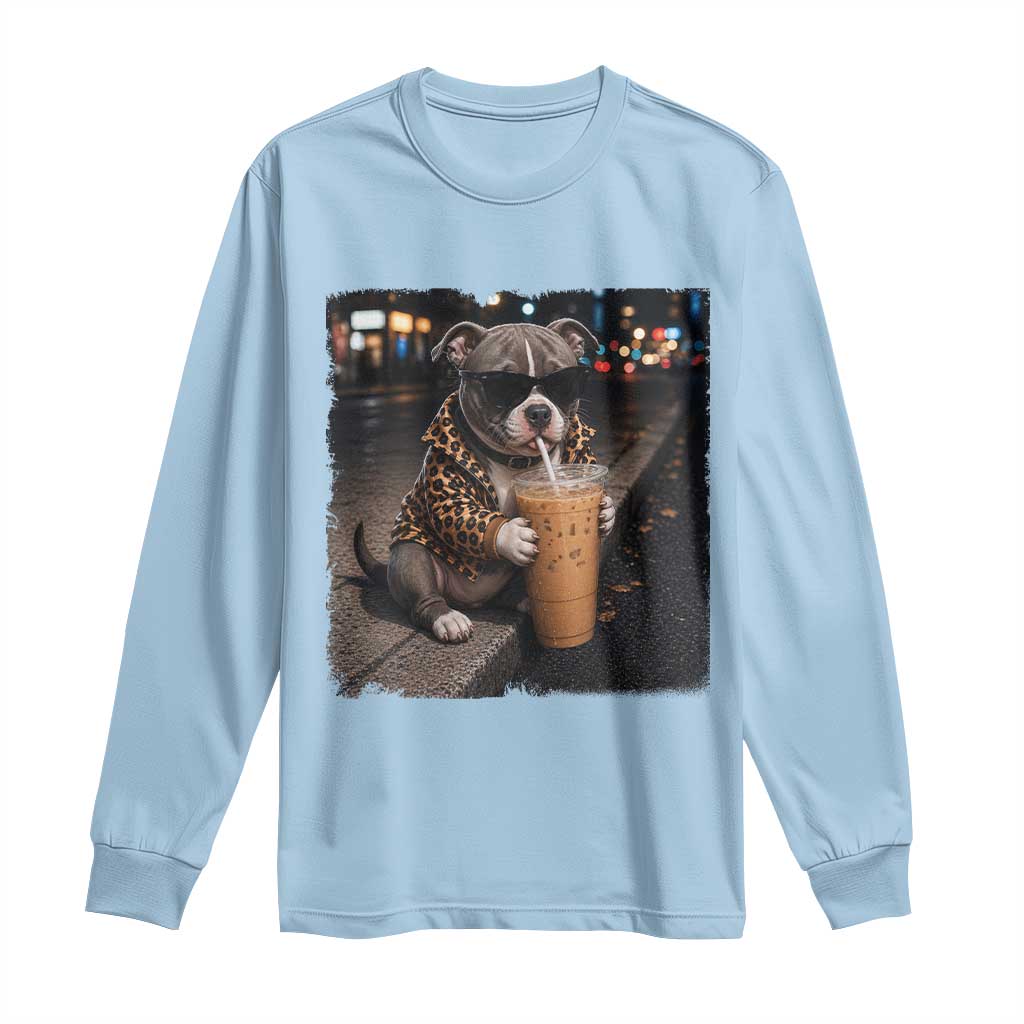 Funny Pitbull Drinking Coffee Long Sleeve Shirt Dog Meme Caffeine Graphic