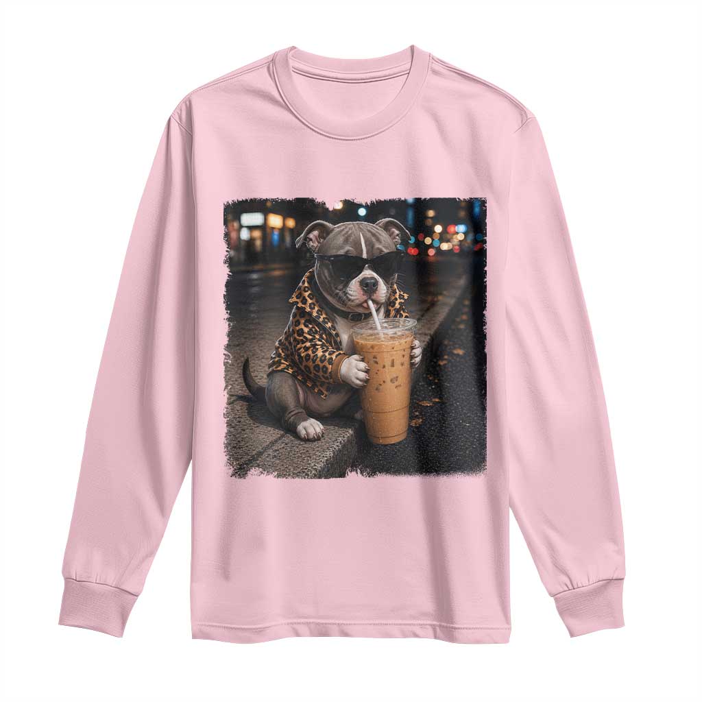 Funny Pitbull Drinking Coffee Long Sleeve Shirt Dog Meme Caffeine Graphic