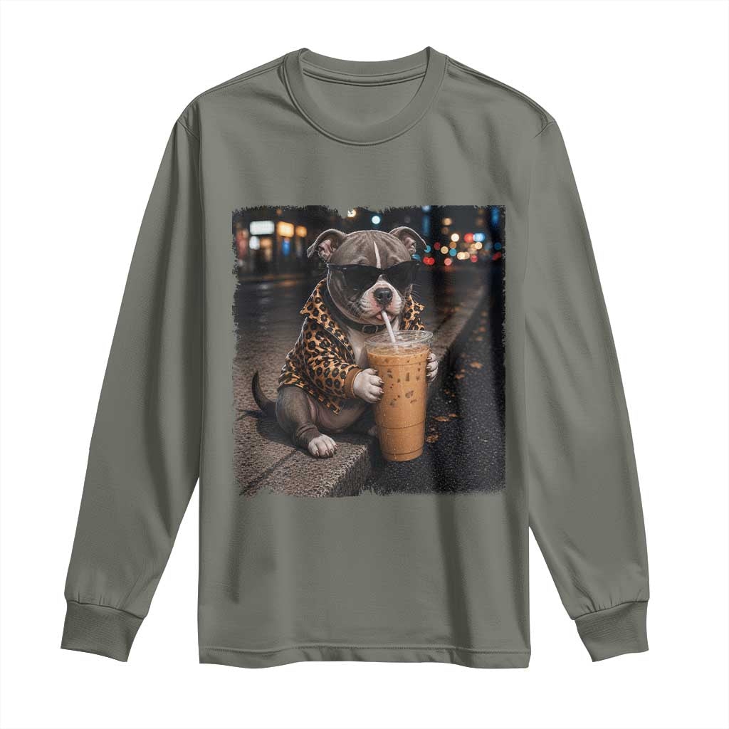 Funny Pitbull Drinking Coffee Long Sleeve Shirt Dog Meme Caffeine Graphic