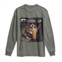 Funny Pitbull Drinking Coffee Long Sleeve Shirt Dog Meme Caffeine Graphic