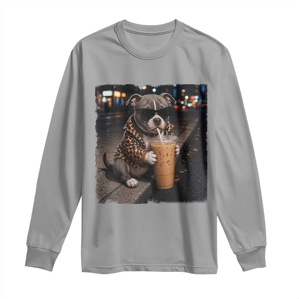 Funny Pitbull Drinking Coffee Long Sleeve Shirt Dog Meme Caffeine Graphic