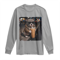 Funny Pitbull Drinking Coffee Long Sleeve Shirt Dog Meme Caffeine Graphic