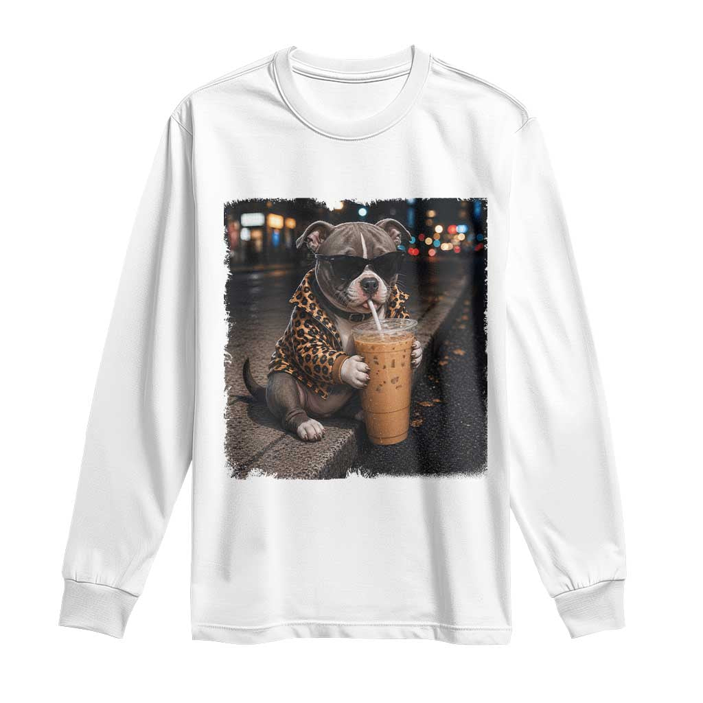Funny Pitbull Drinking Coffee Long Sleeve Shirt Dog Meme Caffeine Graphic