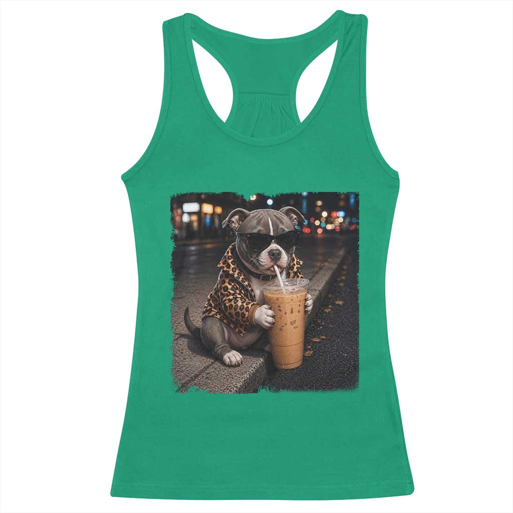 Funny Pitbull Drinking Coffee Racerback Tank Top Dog Meme Caffeine Graphic