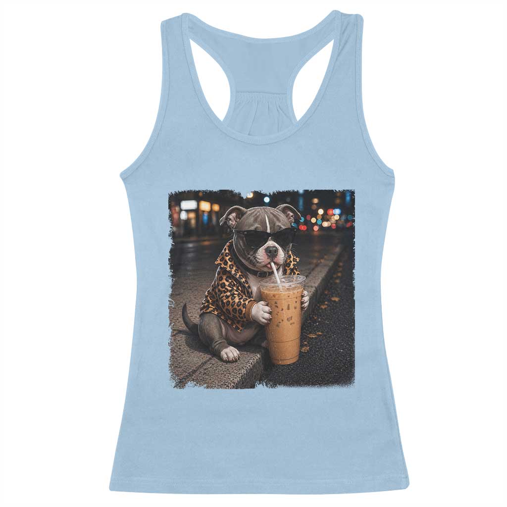 Funny Pitbull Drinking Coffee Racerback Tank Top Dog Meme Caffeine Graphic