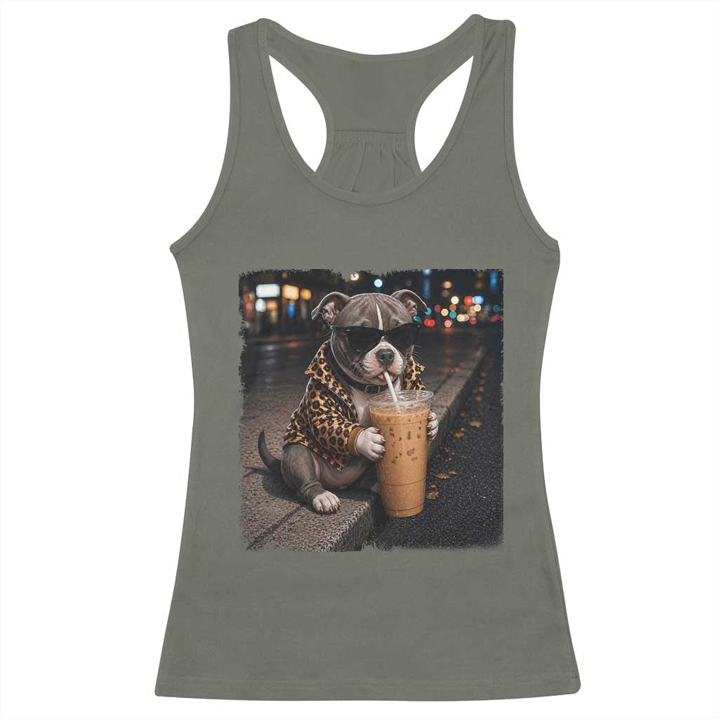 Funny Pitbull Drinking Coffee Racerback Tank Top Dog Meme Caffeine Graphic