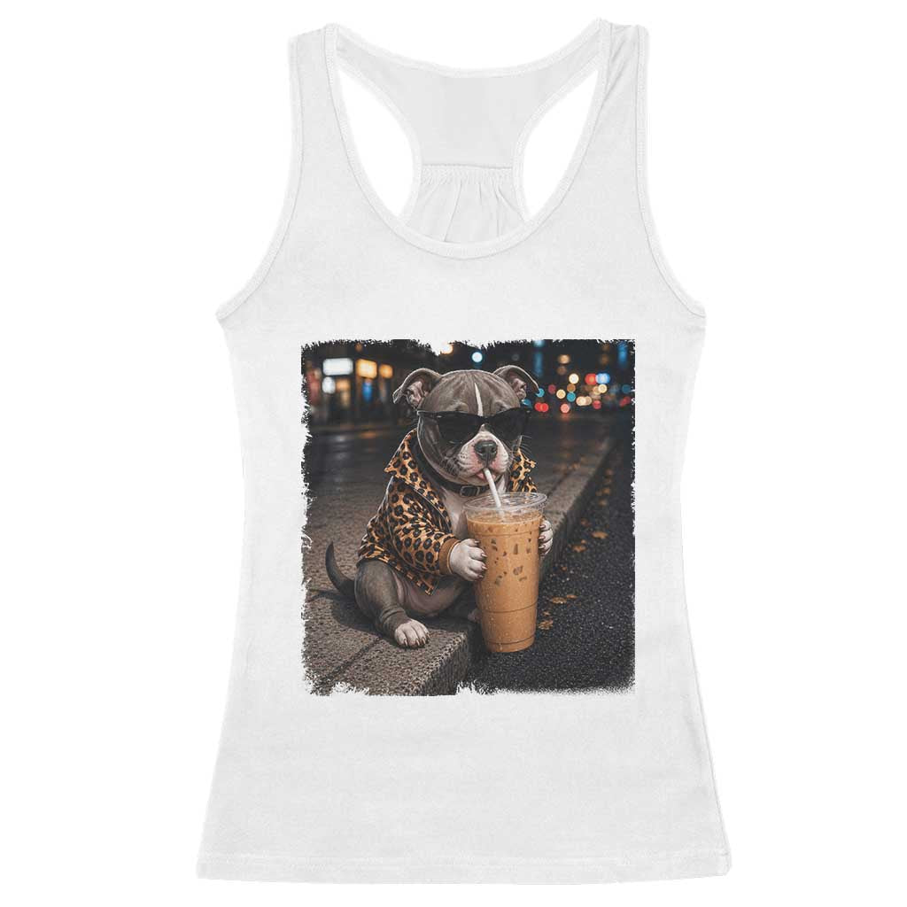 Funny Pitbull Drinking Coffee Racerback Tank Top Dog Meme Caffeine Graphic