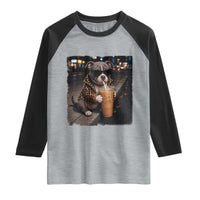 Funny Pitbull Drinking Coffee Raglan Shirt Dog Meme Caffeine Graphic