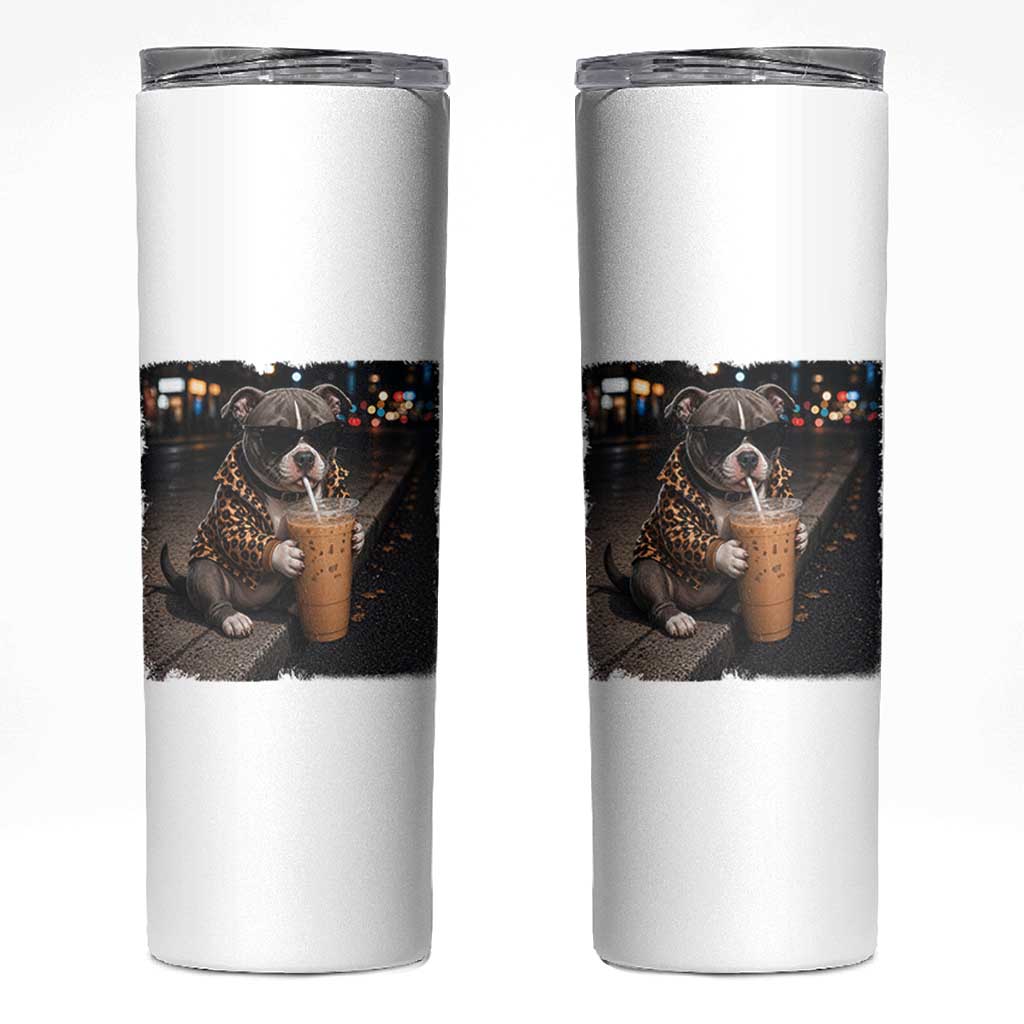 Funny Pitbull Drinking Coffee Skinny Tumbler Dog Meme Caffeine Graphic