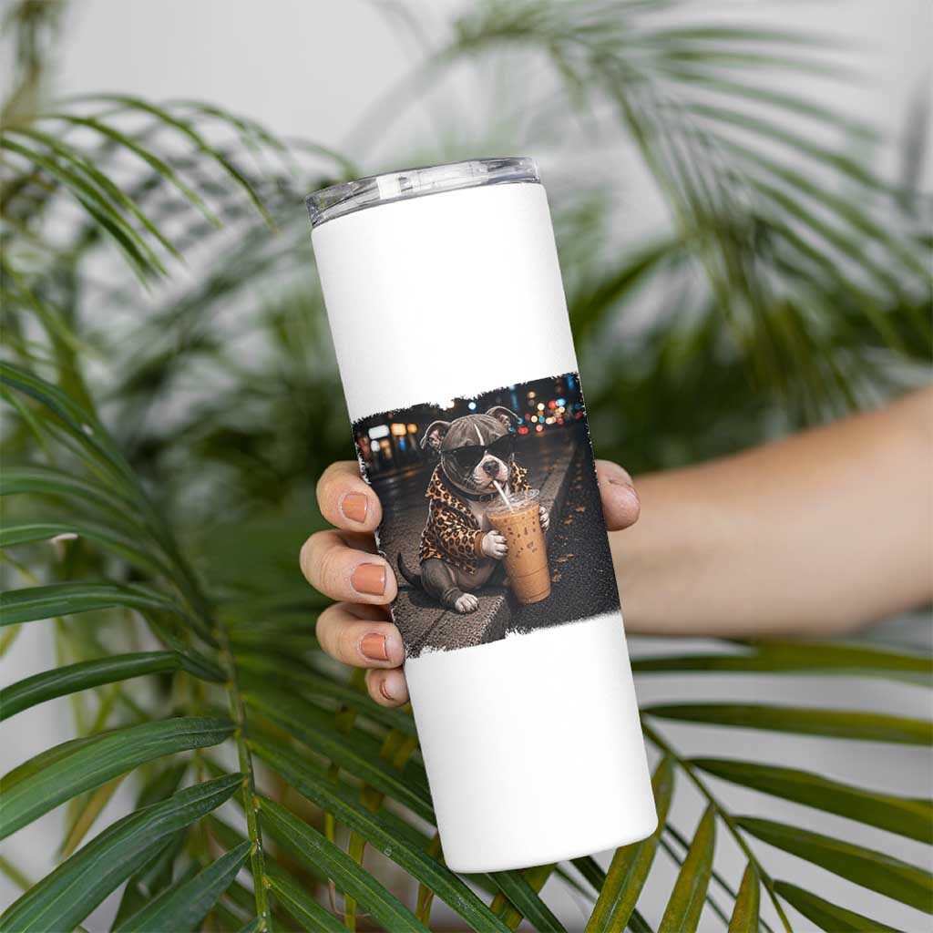 Funny Pitbull Drinking Coffee Skinny Tumbler Dog Meme Caffeine Graphic