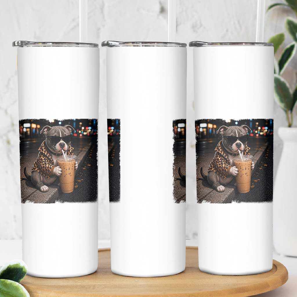 Funny Pitbull Drinking Coffee Skinny Tumbler Dog Meme Caffeine Graphic