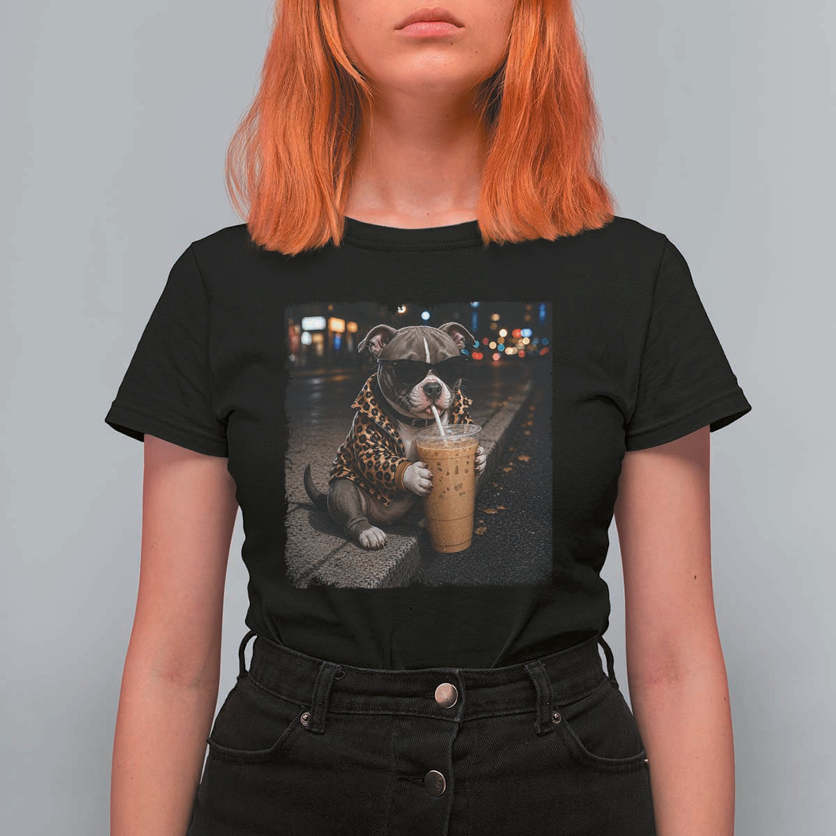 Funny Pitbull Drinking Coffee T Shirt For Women Dog Meme Caffeine Graphic