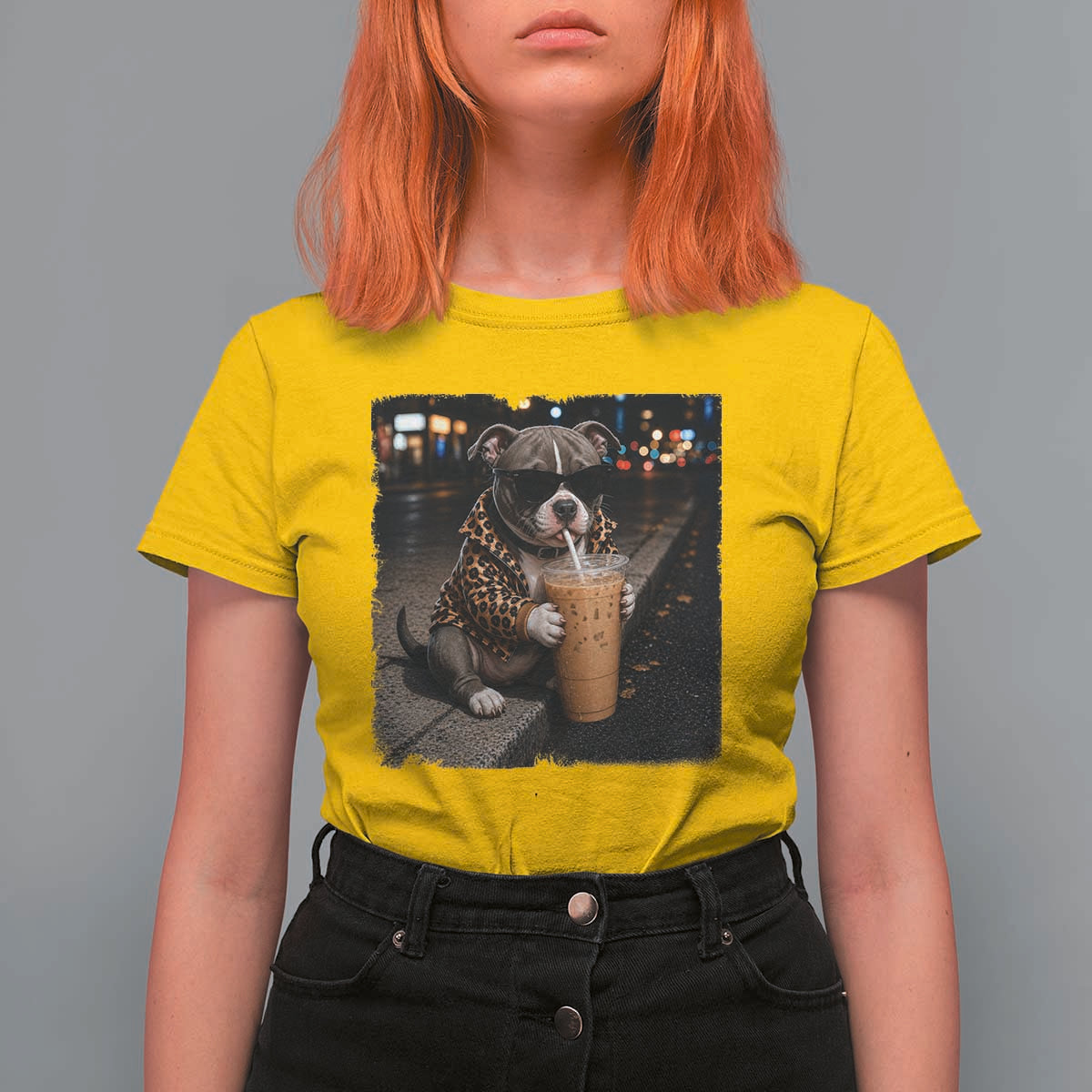 Funny Pitbull Drinking Coffee T Shirt For Women Dog Meme Caffeine Graphic