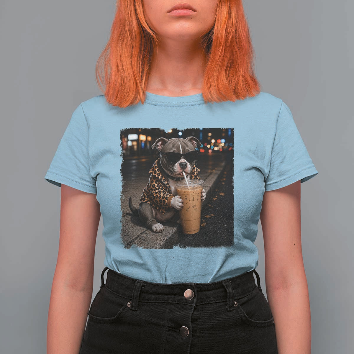 Funny Pitbull Drinking Coffee T Shirt For Women Dog Meme Caffeine Graphic