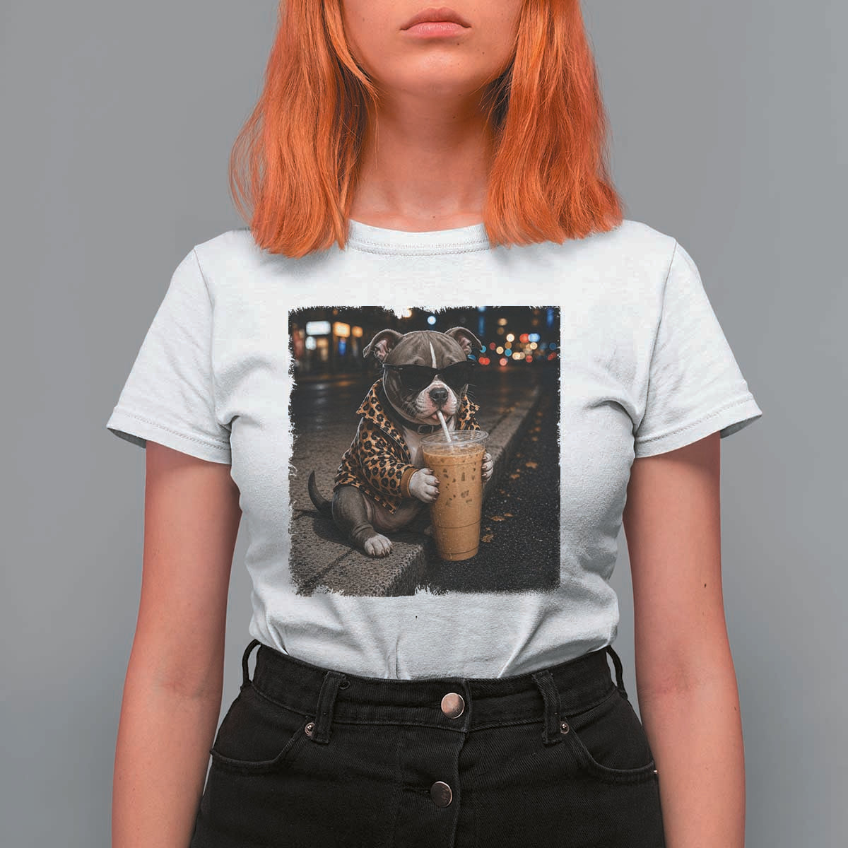 Funny Pitbull Drinking Coffee T Shirt For Women Dog Meme Caffeine Graphic