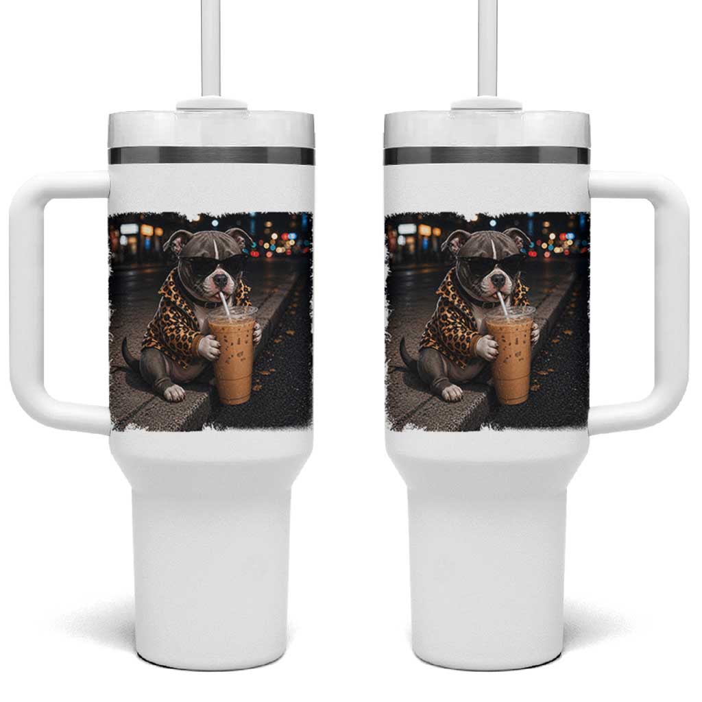 Funny Pitbull Drinking Coffee Tumbler With Handle Dog Meme Caffeine Graphic