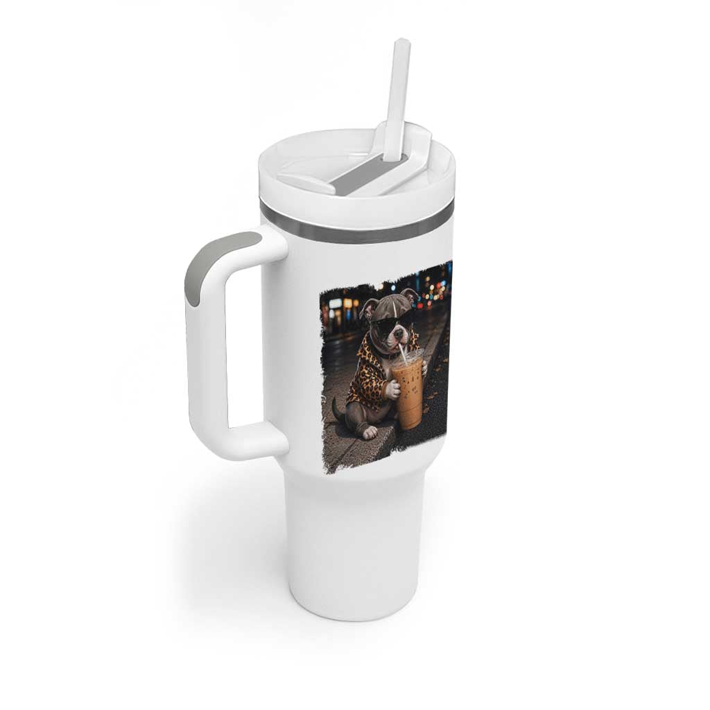 Funny Pitbull Drinking Coffee Tumbler With Handle Dog Meme Caffeine Graphic
