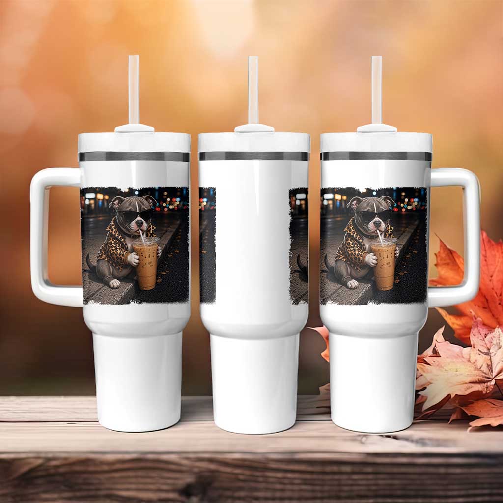 Funny Pitbull Drinking Coffee Tumbler With Handle Dog Meme Caffeine Graphic