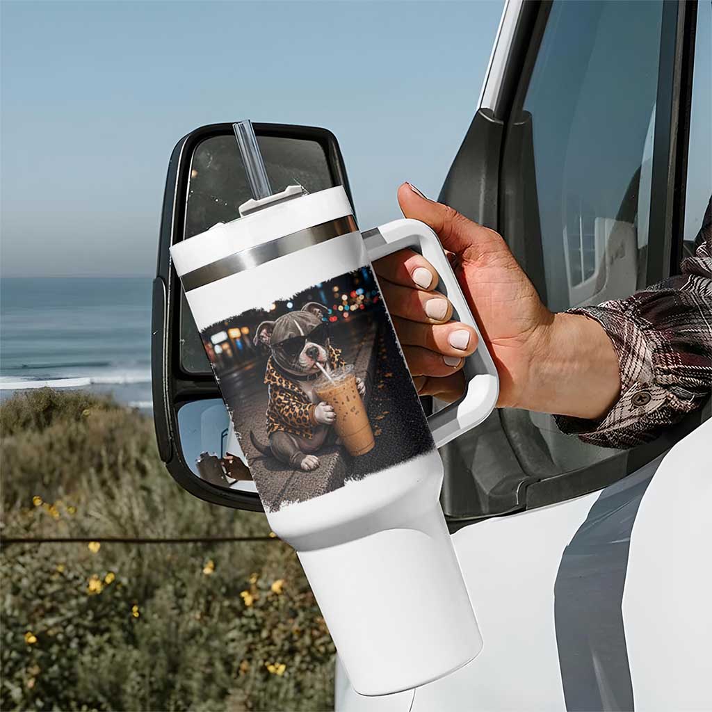 Funny Pitbull Drinking Coffee Tumbler With Handle Dog Meme Caffeine Graphic