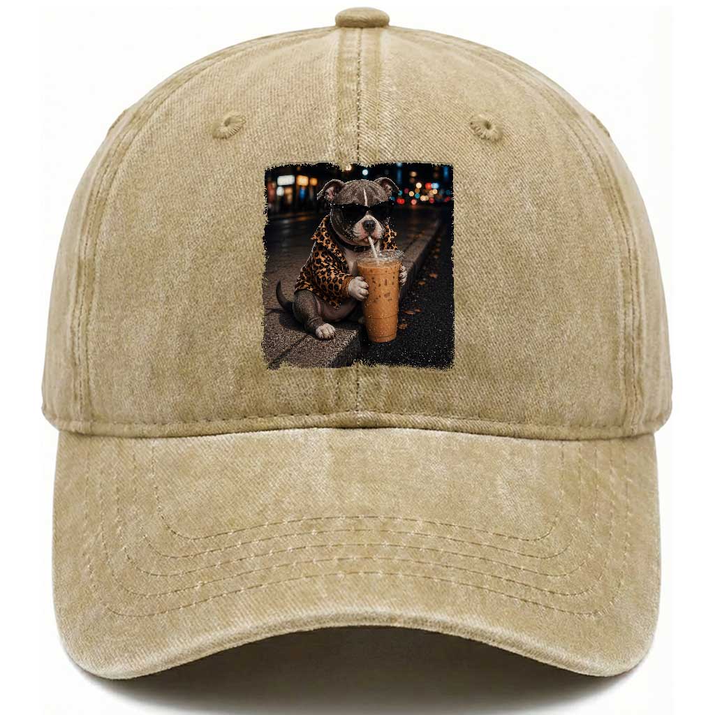 Funny Pitbull Drinking Coffee Washed Cotton Baseball Cap Dog Meme Caffeine Graphic