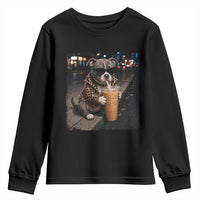 Funny Pitbull Drinking Coffee Youth Sweatshirt Dog Meme Caffeine Graphic