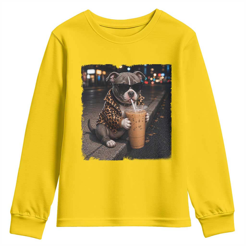 Funny Pitbull Drinking Coffee Youth Sweatshirt Dog Meme Caffeine Graphic