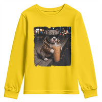 Funny Pitbull Drinking Coffee Youth Sweatshirt Dog Meme Caffeine Graphic