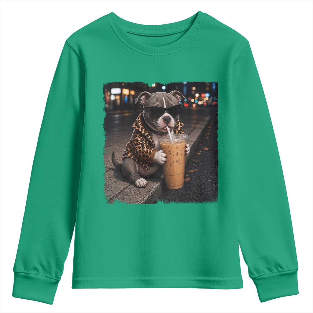Funny Pitbull Drinking Coffee Youth Sweatshirt Dog Meme Caffeine Graphic