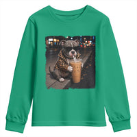 Funny Pitbull Drinking Coffee Youth Sweatshirt Dog Meme Caffeine Graphic