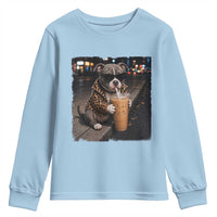 Funny Pitbull Drinking Coffee Youth Sweatshirt Dog Meme Caffeine Graphic