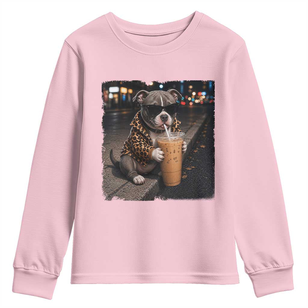 Funny Pitbull Drinking Coffee Youth Sweatshirt Dog Meme Caffeine Graphic