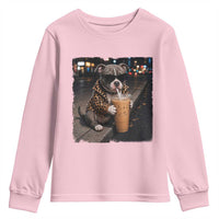 Funny Pitbull Drinking Coffee Youth Sweatshirt Dog Meme Caffeine Graphic