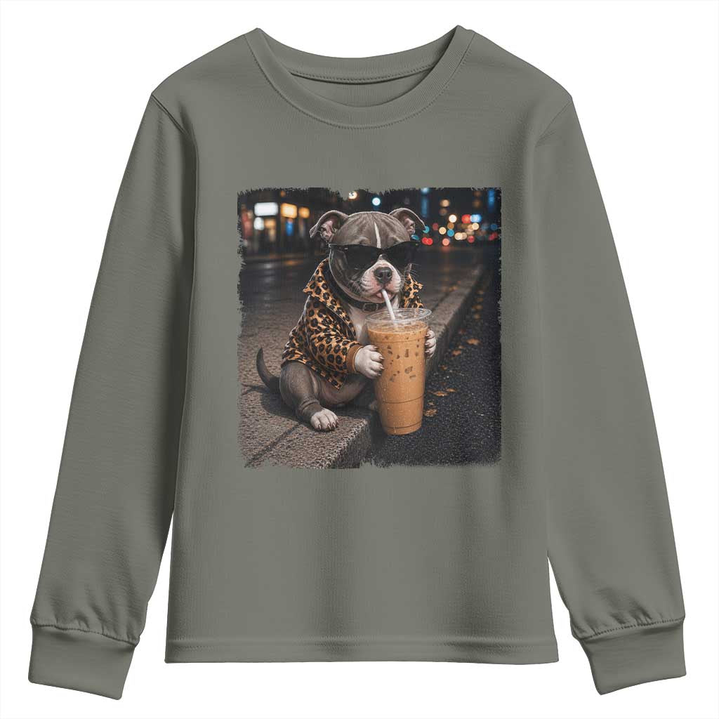 Funny Pitbull Drinking Coffee Youth Sweatshirt Dog Meme Caffeine Graphic
