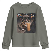 Funny Pitbull Drinking Coffee Youth Sweatshirt Dog Meme Caffeine Graphic