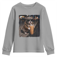Funny Pitbull Drinking Coffee Youth Sweatshirt Dog Meme Caffeine Graphic