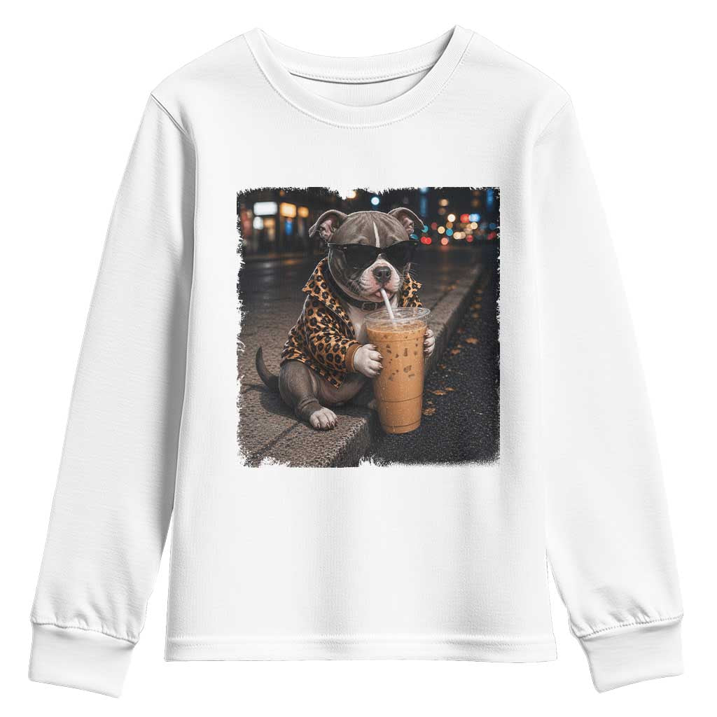 Funny Pitbull Drinking Coffee Youth Sweatshirt Dog Meme Caffeine Graphic