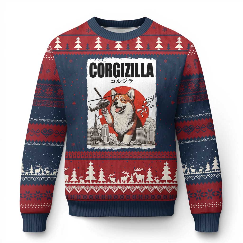 Corgizilla Giant Ugly Christmas Sweater Funny Corgi Monster Roaring Tokyo Japan