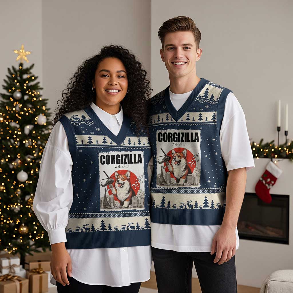 Corgizilla Giant V-Neck Knit Sweater Vest Funny Corgi Monster Roaring Tokyo Japan