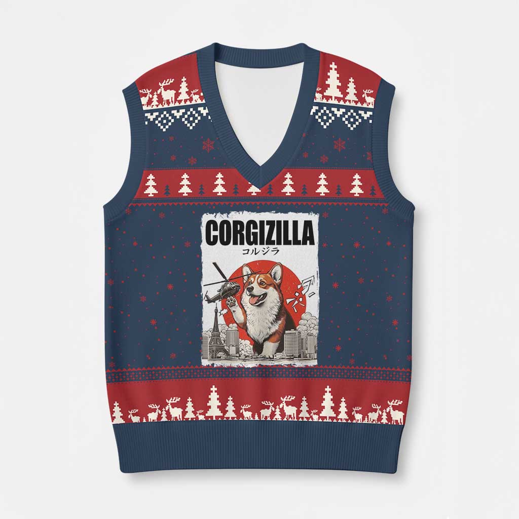 Corgizilla Giant V-Neck Knit Sweater Vest Funny Corgi Monster Roaring Tokyo Japan