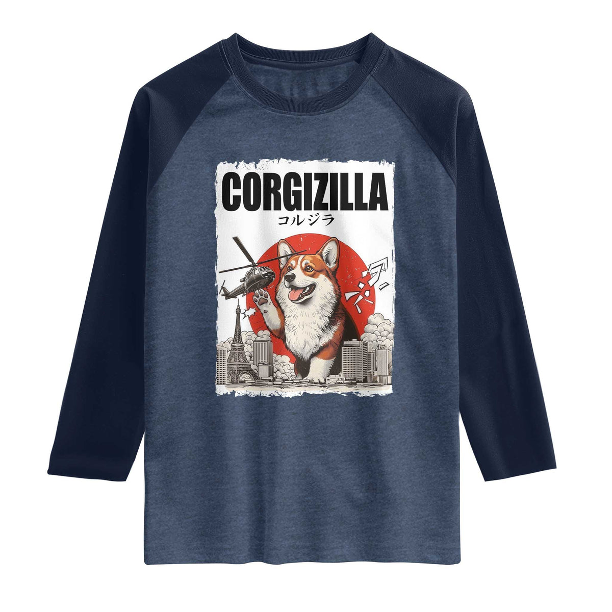 Corgizilla Giant Raglan Shirt Funny Corgi Monster Roaring Tokyo Japan