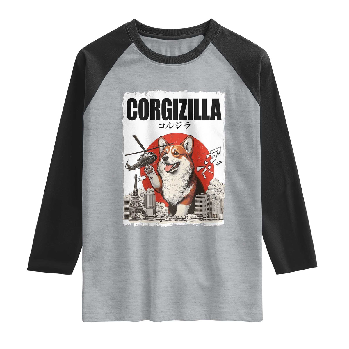 Corgizilla Giant Raglan Shirt Funny Corgi Monster Roaring Tokyo Japan